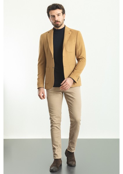Düz Kamel Rengi Slim Fit Torba Cep Mono Yaka Premium Yün Erkek Ceket