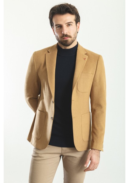 Düz Kamel Rengi Slim Fit Torba Cep Mono Yaka Premium Yün Erkek Ceket