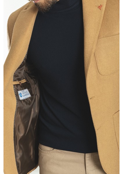 Düz Kamel Rengi Slim Fit Torba Cep Mono Yaka Premium Yün Erkek Ceket