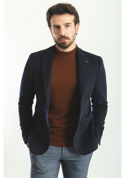 Düz Lacivert Slim Fit Torba Cep Mono Yaka Premium Yün Erkek Ceket