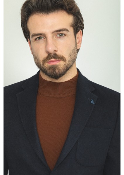 Düz Lacivert Slim Fit Torba Cep Mono Yaka Premium Yün Erkek Ceket