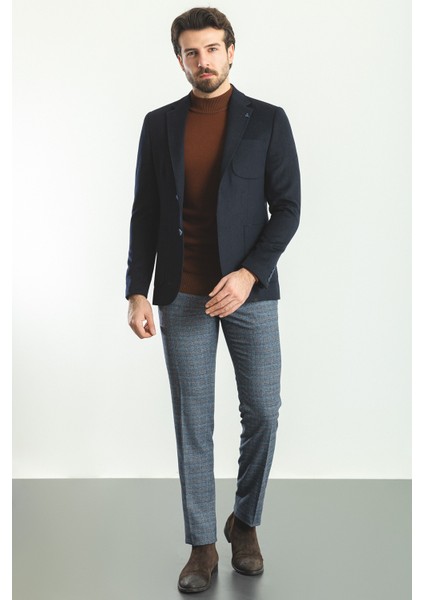 Düz Lacivert Slim Fit Torba Cep Mono Yaka Premium Yün Erkek Ceket