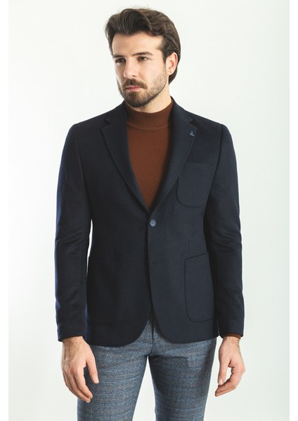 Düz Lacivert Slim Fit Torba Cep Mono Yaka Premium Yün Erkek Ceket