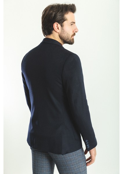 Düz Lacivert Slim Fit Torba Cep Mono Yaka Premium Yün Erkek Ceket