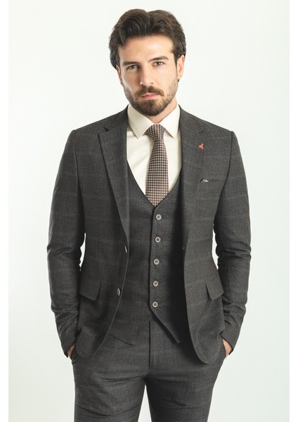 Ekoseli Kahverengi Slim Fit Mono Yaka Yün Erkek Takım Elbise