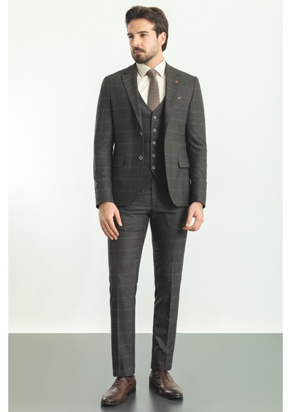 Ekoseli Kahverengi Slim Fit Mono Yaka Yün Erkek Takım Elbise fırsatları
