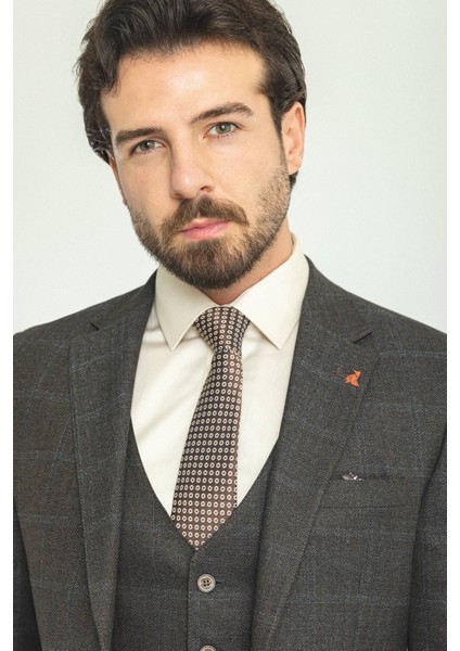 Ekoseli Kahverengi Slim Fit Mono Yaka Yün Erkek Takım Elbise fiyatları