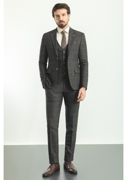 Ekoseli Kahverengi Slim Fit Mono Yaka Yün Erkek Takım Elbise modelleri
