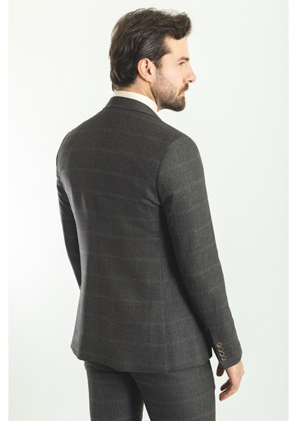 Ekoseli Kahverengi Slim Fit Mono Yaka Yün Erkek Takım Elbise indirimleri