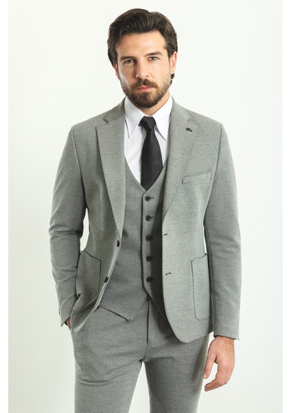 Desenli Gri Slim Fit Mono Yaka Yün Erkek Takım Elbise