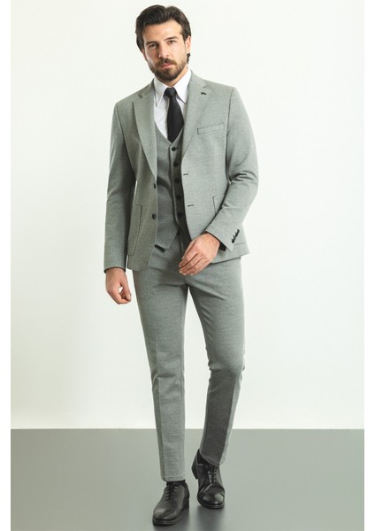 Desenli Gri Slim Fit Mono Yaka Yün Erkek Takım Elbise