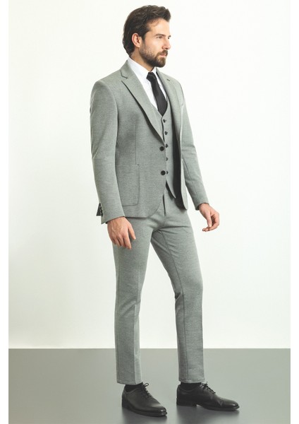Desenli Gri Slim Fit Mono Yaka Yün Erkek Takım Elbise