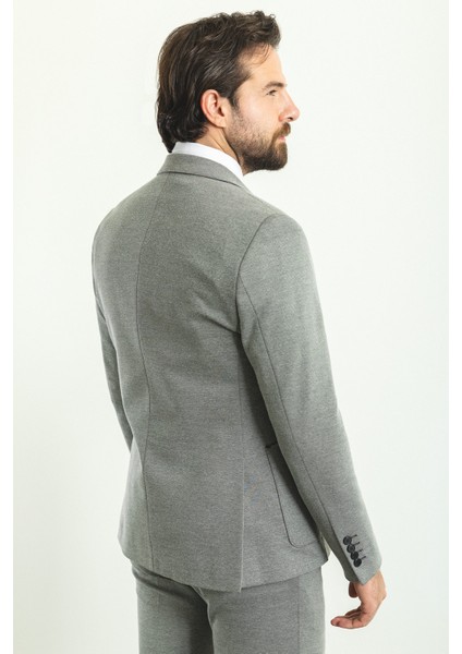 Desenli Gri Slim Fit Mono Yaka Yün Erkek Takım Elbise