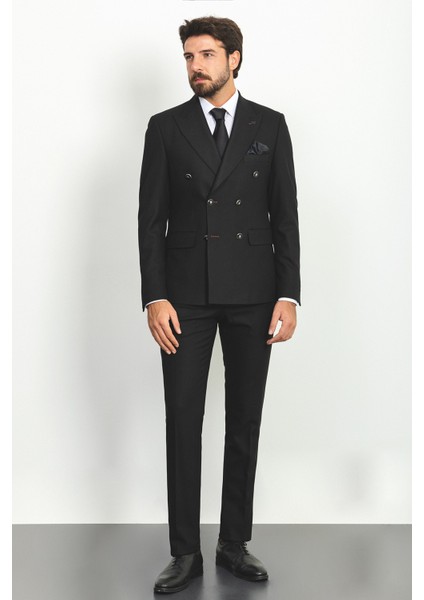 Düz Siyah Renk Slim Fit Geniş Yaka Kruvaze Yün Erkek Takım Elbise