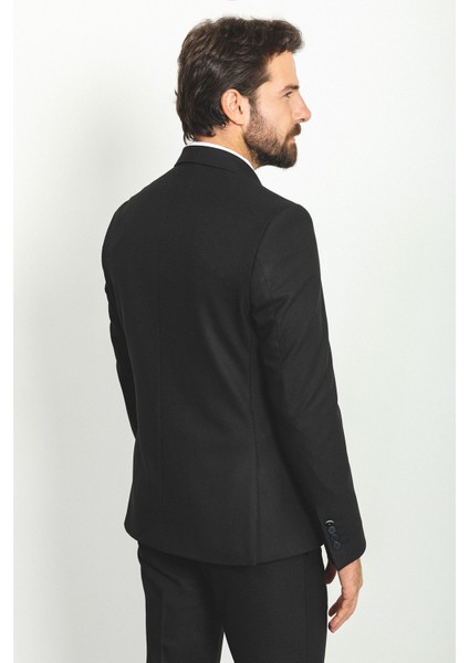 Düz Siyah Renk Slim Fit Geniş Yaka Kruvaze Yün Erkek Takım Elbise