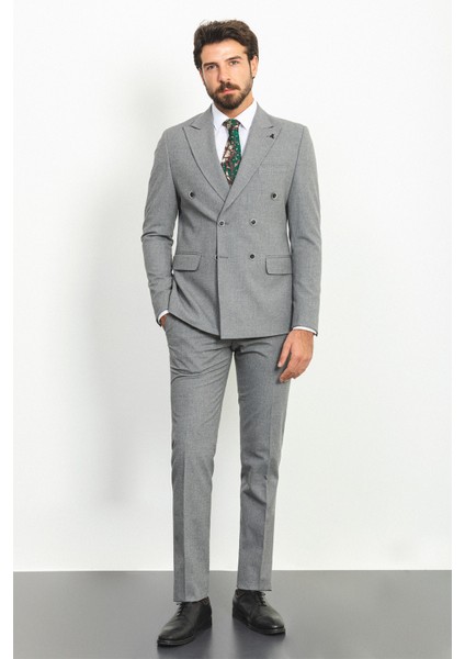 Çizgili Gri Renk Slim Fit Geniş Yaka Kruvaze Yün Erkek Takım Elbise modelleri