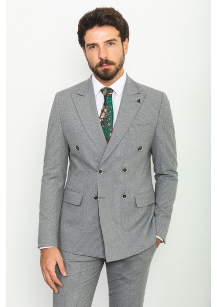 Çizgili Gri Renk Slim Fit Geniş Yaka Kruvaze Yün Erkek Takım Elbise fırsatları