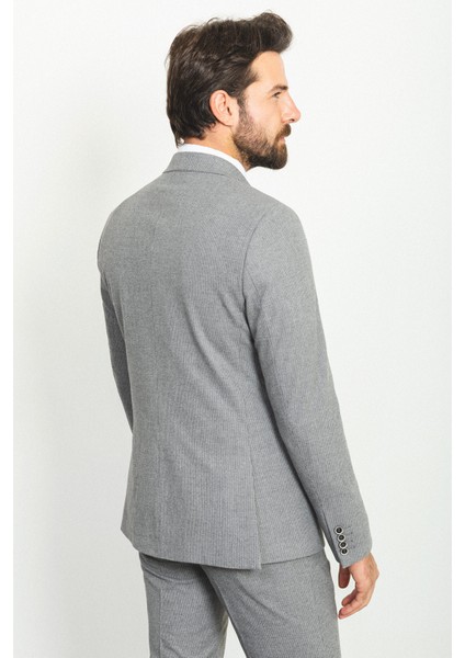 Çizgili Gri Renk Slim Fit Geniş Yaka Kruvaze Yün Erkek Takım Elbise indirimleri