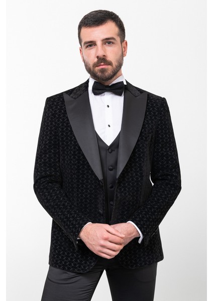 Desenli Siyah Renk Slim Fit Geniş Yaka Kadife Erkek Damatlık