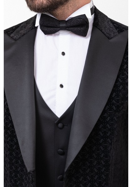 Desenli Siyah Renk Slim Fit Geniş Yaka Kadife Erkek Damatlık fiyatları