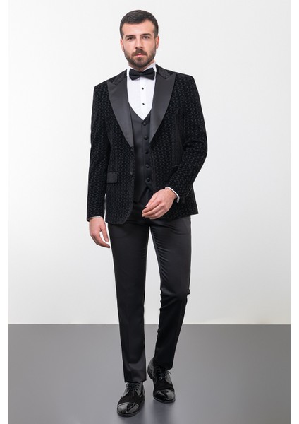Desenli Siyah Renk Slim Fit Geniş Yaka Kadife Erkek Damatlık modelleri