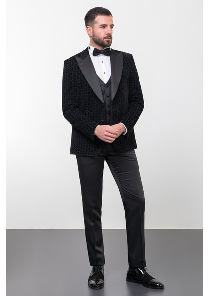 Desenli Siyah Renk Slim Fit Geniş Yaka Kadife Erkek Damatlık fırsatları