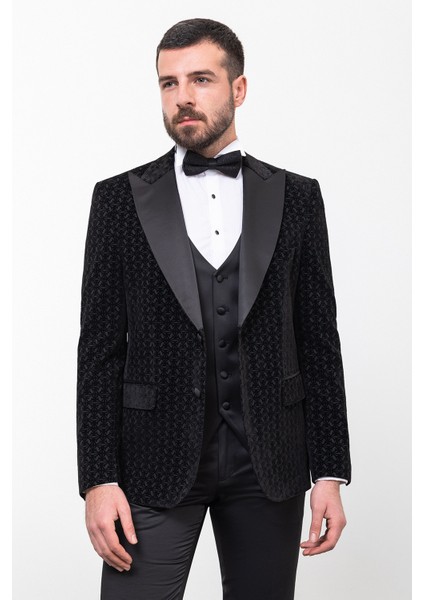 Desenli Siyah Renk Slim Fit Geniş Yaka Kadife Erkek Damatlık indirimleri