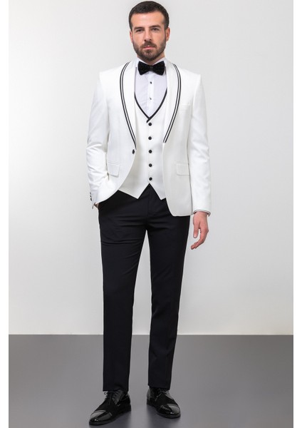 Düz Ekru Rengi Slim Fit Çizgili Geniş Yaka Erkek Damatlık modelleri