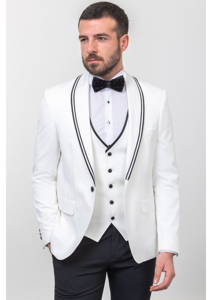 Düz Ekru Rengi Slim Fit Çizgili Geniş Yaka Erkek Damatlık fırsatları