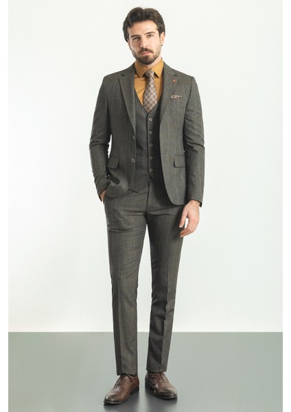 Ekoseli Siyah Renk Slim Fit Mono Yaka Yün Erkek Takım Elbise