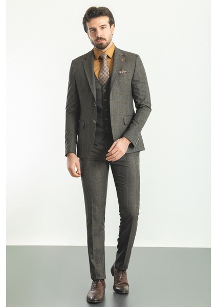 Ekoseli Siyah Renk Slim Fit Mono Yaka Yün Erkek Takım Elbise modelleri