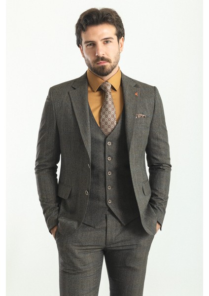 Ekoseli Siyah Renk Slim Fit Mono Yaka Yün Erkek Takım Elbise fırsatları