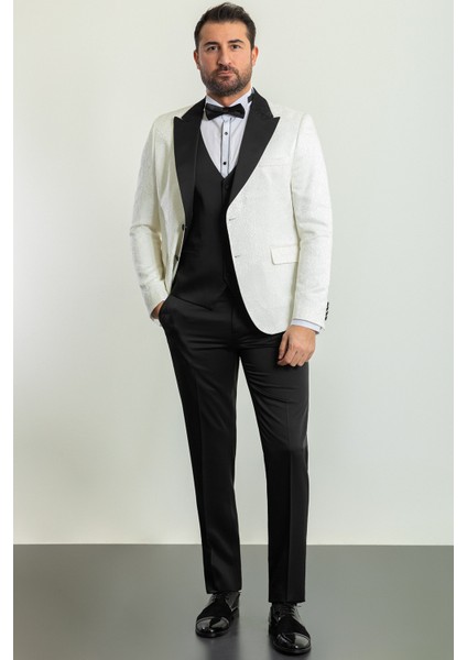 Desenli Ekru Rengi Slim Fit Geniş Yaka Saten Erkek Damatlık
