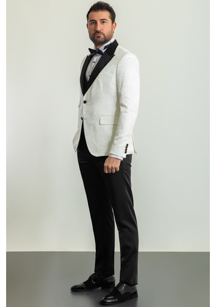 Desenli Ekru Rengi Slim Fit Geniş Yaka Saten Erkek Damatlık modelleri