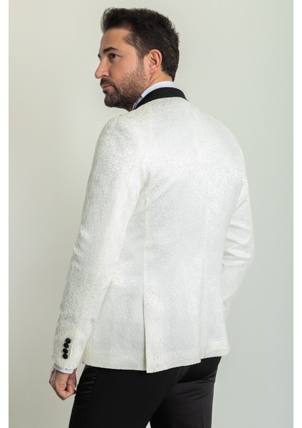 Desenli Ekru Rengi Slim Fit Geniş Yaka Saten Erkek Damatlık fırsatları