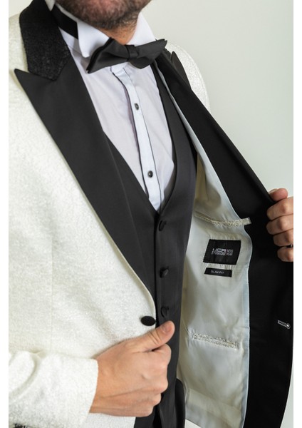 Desenli Ekru Rengi Slim Fit Geniş Yaka Saten Erkek Damatlık indirimleri