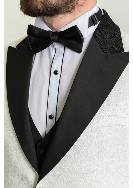 Desenli Ekru Rengi Slim Fit Geniş Yaka Saten Erkek Damatlık fiyatları
