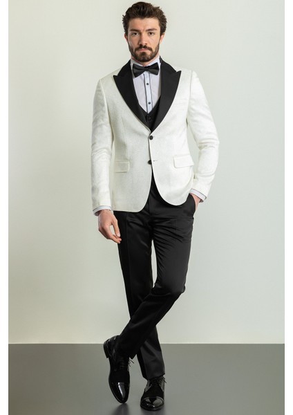 Desenli Ekru Rengi Slim Fit Geniş Yaka Saten Erkek Damatlık modelleri