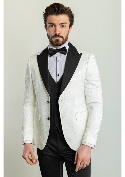 Desenli Ekru Rengi Slim Fit Geniş Yaka Saten Erkek Damatlık fırsatları