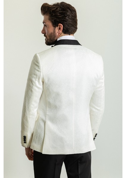 Desenli Ekru Rengi Slim Fit Geniş Yaka Saten Erkek Damatlık indirimleri