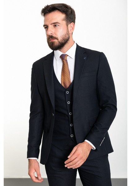 Düz Lacivert Slim Fit Yün Klasik Erkek Takım Elbise