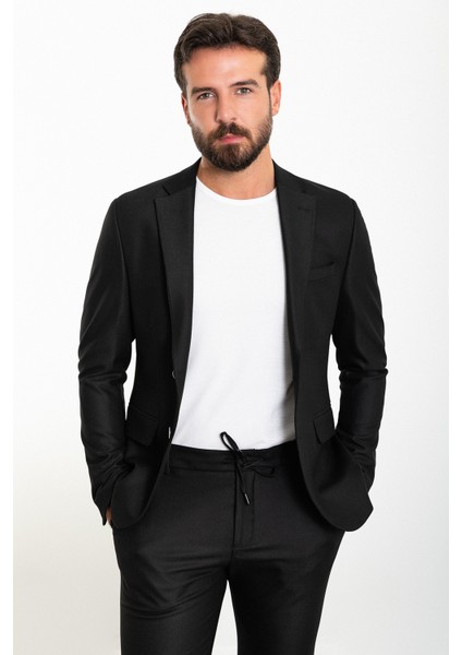 Düz Siyah Slim Fit Mono Yaka İpli Erkek Takım Elbise modelleri