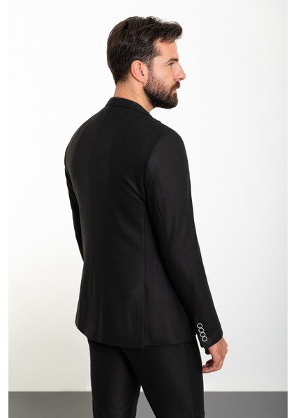 Düz Siyah Slim Fit Mono Yaka İpli Erkek Takım Elbise indirimleri