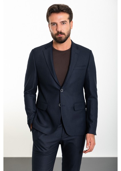 Düz Lacivert Slim Fit Mono Yaka İpli Erkek Takım Elbise