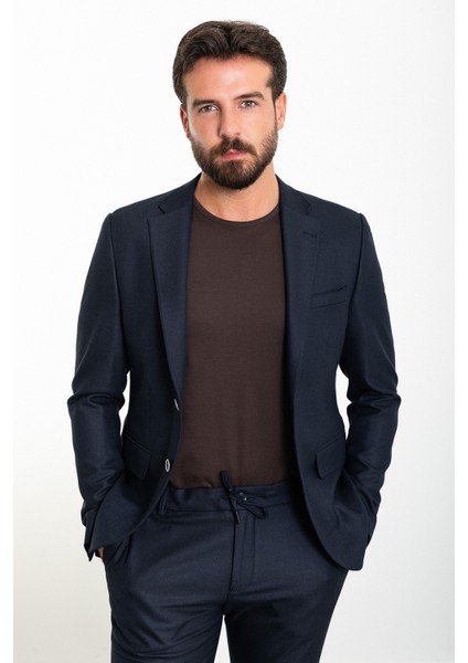 Düz Lacivert Slim Fit Mono Yaka İpli Erkek Takım Elbise