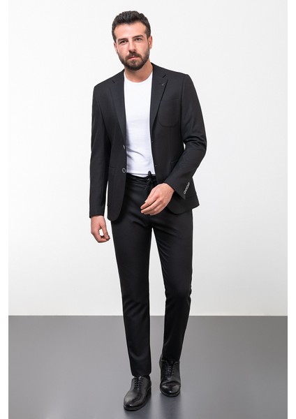 Düz Siyah Slim Fit Torba Cep Mono Yaka İpli Erkek Takım Elbise