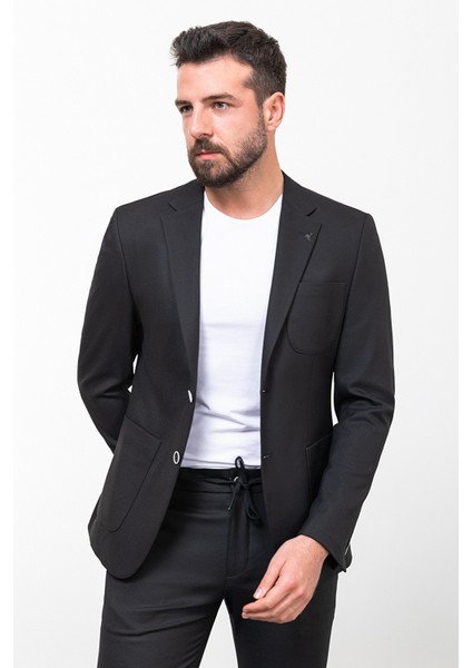 Düz Siyah Slim Fit Torba Cep Mono Yaka İpli Erkek Takım Elbise