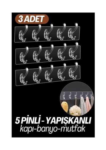 5 Pinli Yapışkanlı Askı Xenoty Design 3 Lü Set
