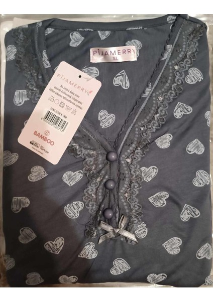 Kadın Dantel Yaka Bambu Uzun Kol Pijama Takımı 5204 - 1 Adet