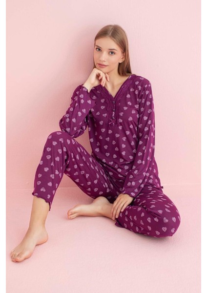 Kadın Dantel Yaka Bambu Uzun Kol Pijama Takımı 5206 - 1 Adet